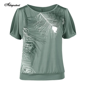 

Adisputent 2019 Women Summer T-Shirt Short Sleeve Casual Tops Cold Shoulder Feather Print Tee Shirt Female T-Shirt Plus Size 5XL