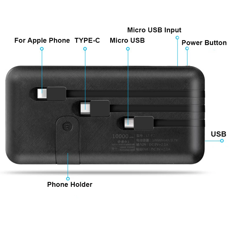 Внешний аккумулятор 10000 мА/20000 мА/ч с кабелем Micro usb type-c, 2 А, быстрая зарядка, внешний аккумулятор для смартфона