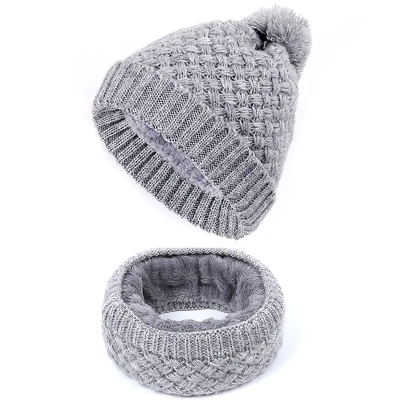 

2019 Winter Scarf women Hat Set Fashion Ladies Solid Color Children Knit Beanie Winter Soft Cap Scarves Warm Pompom Bonnets