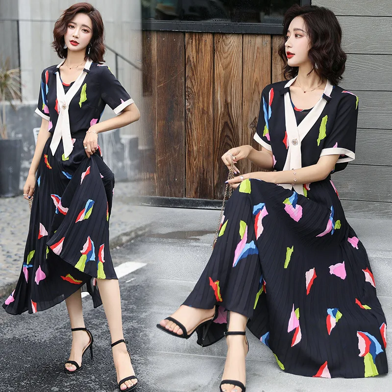 

Printed Chiffon Dress Long Skirts Women's Summer 2019 New Style Elegant Slimming Waist Hugging Two-Piece Set French Fairy Skirt
