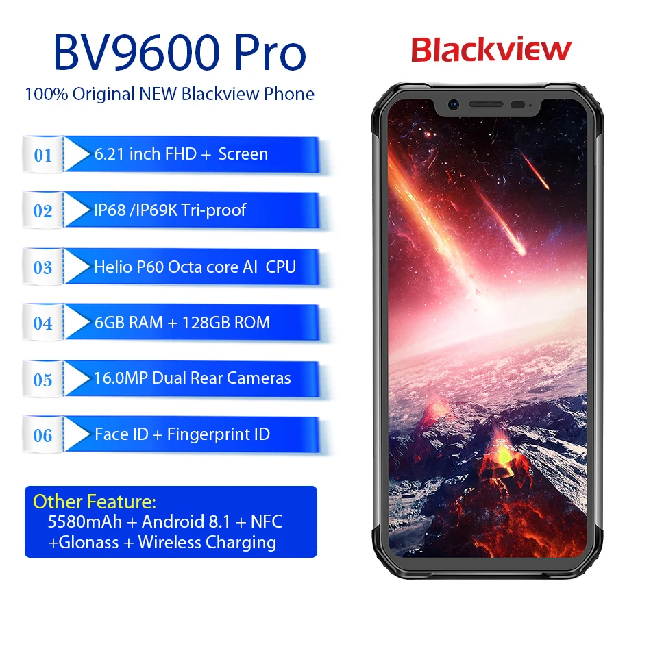 BLACKVIEW BV9600 Pro IP68 6GB+ 128GB смартфон 16MP Face ID 6,21 дюймов FHD+ Беспроводная зарядка NFC 4G Android 8,1 gps мобильный телефон