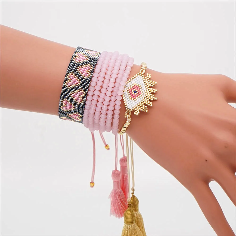 Shinus MIYUKI браслет evil eye розовый браслет с сердцем Miyuki Joyeria летние ювелирные изделия с кисточками Pulseras Mujer Moda Boho ручной работы
