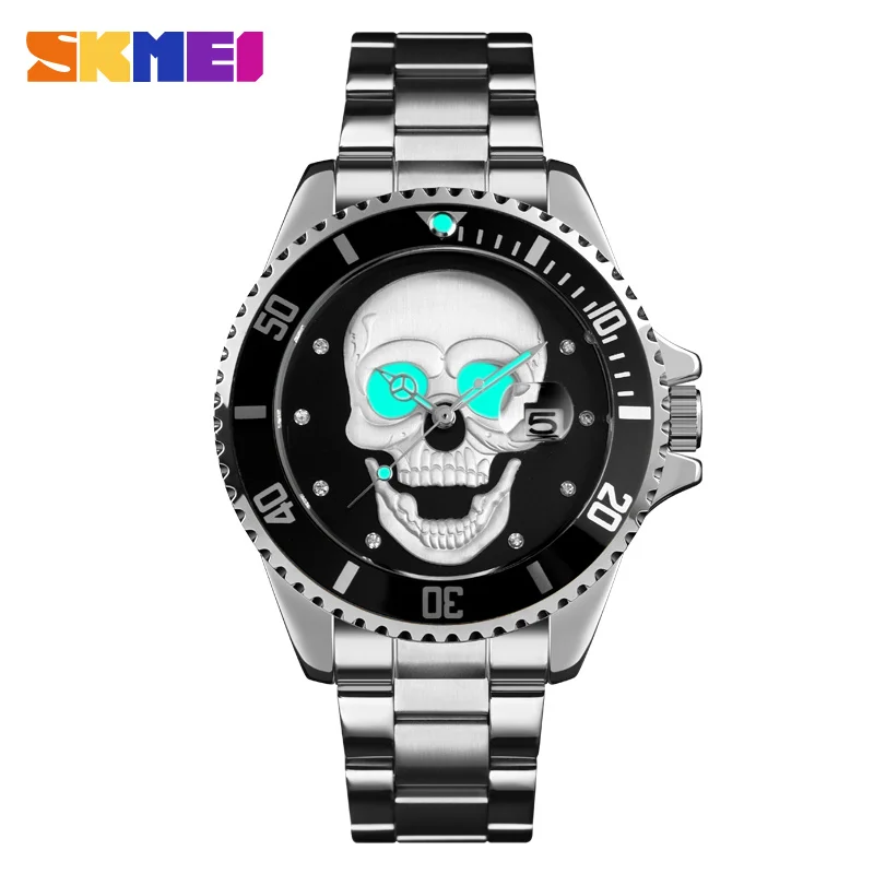 silver black SKMEI Для мужчин череп кварцевые мужские часы с изображением скелета Креативные часы Нержавеющая сталь мужских часов Водонепроницаемый наручные часы Relogio Masculino - Цвет: silver black