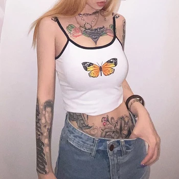 

Fashion Sexy Women Butterfly Print White Tank Tops Sleeveless Tank Top Vest Summer Sexy Short Crop Tops Camis Tees Tops Ladies