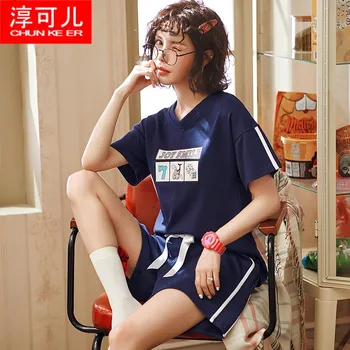 

Pajamas Women 2pcs/set Summer Cartoon Print 100% Cotton Cute Shorts + Short Sleeve Tops Nightgown Spring Home Clothes Girl Slee