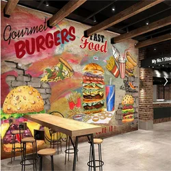 Custom Burgers Fries Cola Graffiti Background Mural Wallpaper Fast Food Restaurant Snack Bar Industrial Decor Wall Paper 3D
