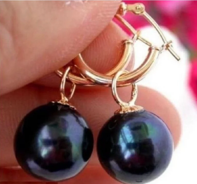 

HOT PERFECT ROND 10-11MM TAHITIAN BLACK PEARL EARRING 14K/20 SOLID GOLD