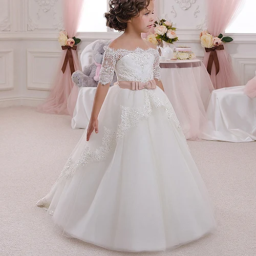 Элегантное платье Vestido de Primera для причастия от 2 до 12 лет, романтичное кружевное платье с открытыми плечами и аппликацией, фатиновое бальное платье с вырезом под ключ - Цвет: Color 64