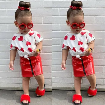 

US Toddler Kid Baby Girl Valentine Clothes Love Top T-shirt Leather Skirt Outfit