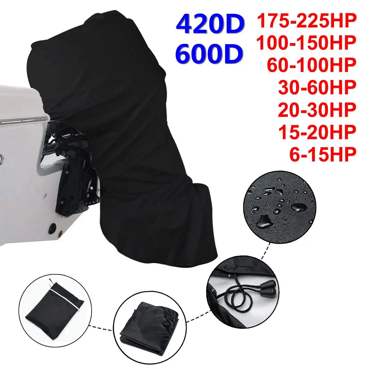 Couvercle de Protection pour moteur hors-bord | 420D 6-225HP, étanche, anti-poussière pour moteur 6-225HP, noir