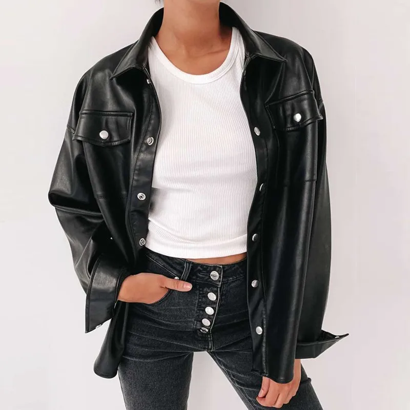 JIEZuoFang  Punk Style Women Autumn Leather Jacket Turn down Collar Streetwear Cool Jackets Ladies Pocket Oversized Pop Jackets