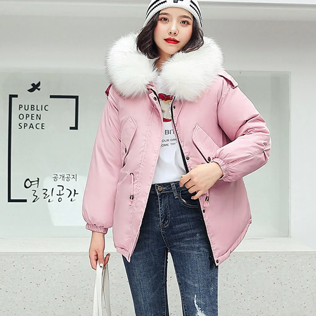 JAYCOSIN New Ladies Solid Fashion Fur Collar Hooded Jacket Pocket Zipper Long Loose Casual Jacket Cute Warm Autumn Winter Models