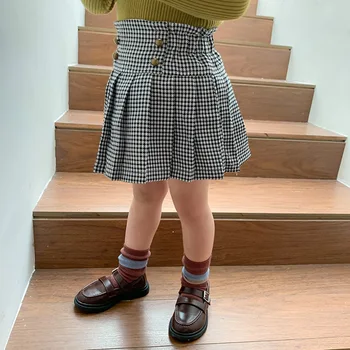 

Girl's Houndstooth Half Skirt Children's Pleated Skirt Toddler Baby Wool Plaid Skirt with Button Elestic Highwaist Girl Skirt