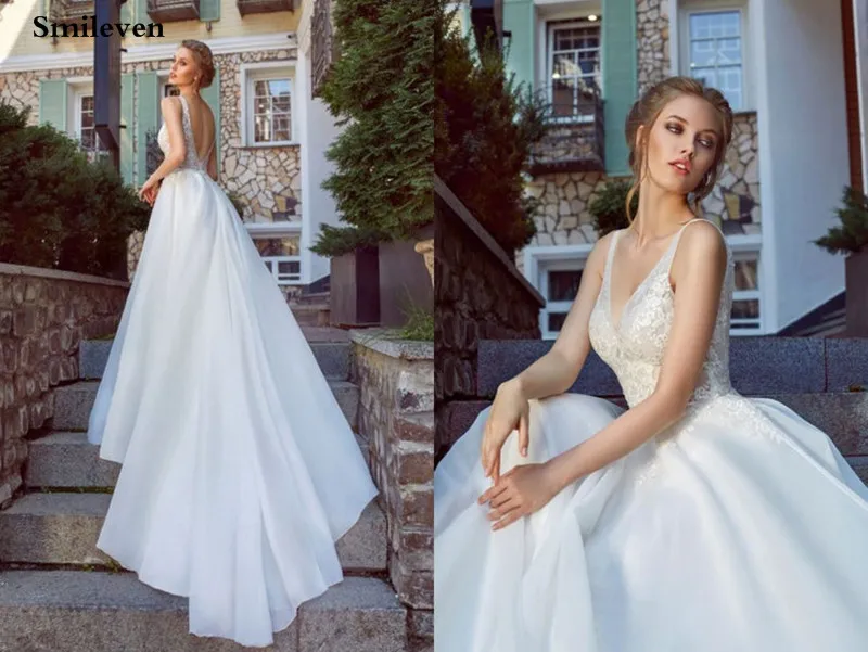 Smileven Boho свадебный наряд кружевное ТРАПЕЦИЕВИДНОЕ пляжное Свадебные наряда с аппликацией Тюль без спинки Принцесса сексуальное свадебное платье