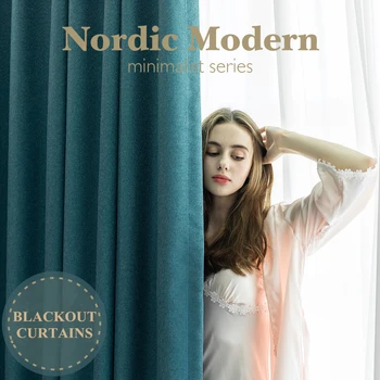 

Modern Simple Blackout curtains for Living Room Dark Blue Rice Grain Cotton Solid Bedroom White Tulle Curtains Home Hotel Decor