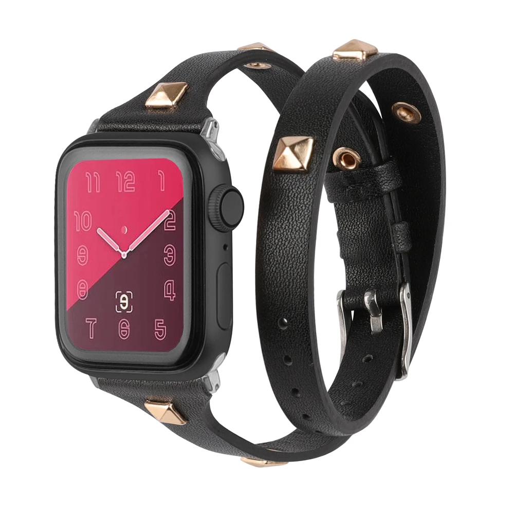 Двойной тур обертывания ремешок для наручных часов Apple Watch, усыпанные часы на заклепках полосы 38 мм 42 мм Для женщин для наручных часов iWatch серии 5/4/3/2/1 40 мм 44 мм