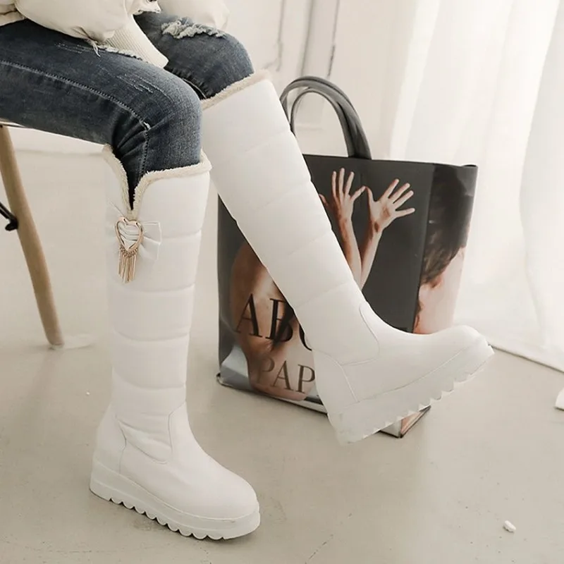 US4-11 Womens Round Toe Bowknot Beads Decor Knee High Thigh Boots Platform Wedge Heel Snow Warm Winter Shoes Plus Size 3Colors