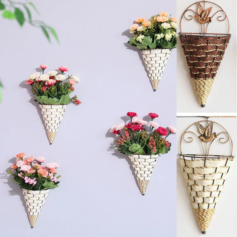 Natural Wicker Flower Basket Wall Hanging Pot Planter Rattan Vase Boxes Basket Decor Home Gardening Decor