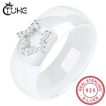

Charm Star CZ Crystal Ceramic Wide Rings For Women Vintage Fashion 925 Sterling Sliver Rhinestone Ring Finger Jewelry