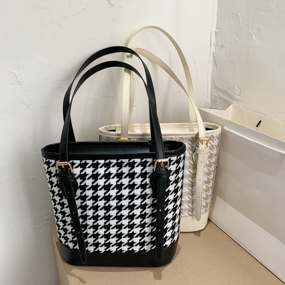 White Checkered Tote Shoulder Bags With Inner Pouch,PU Vegan Leather Luxury  Woman Handbag Bucket Bag Checkered Mini Floral Shape Fashion Handbags 