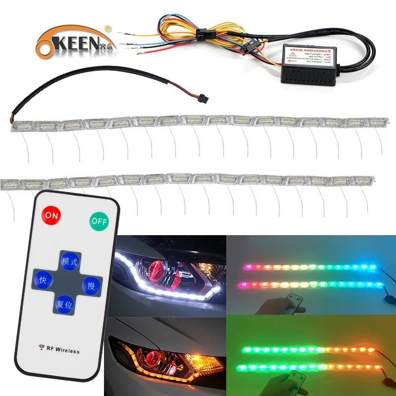 

OKEEN RGB LED DRL Daytime Running Lights Sequential Flow Style Turn Signal Switchback LED Knight Rider Strip Light with control