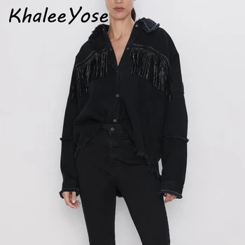 

KHALEE YOSE Black Tassels Denim Jackets Rivet Autumn Jacket Long Sleeve Oversized button front Frayed trim Streewear Women Coat