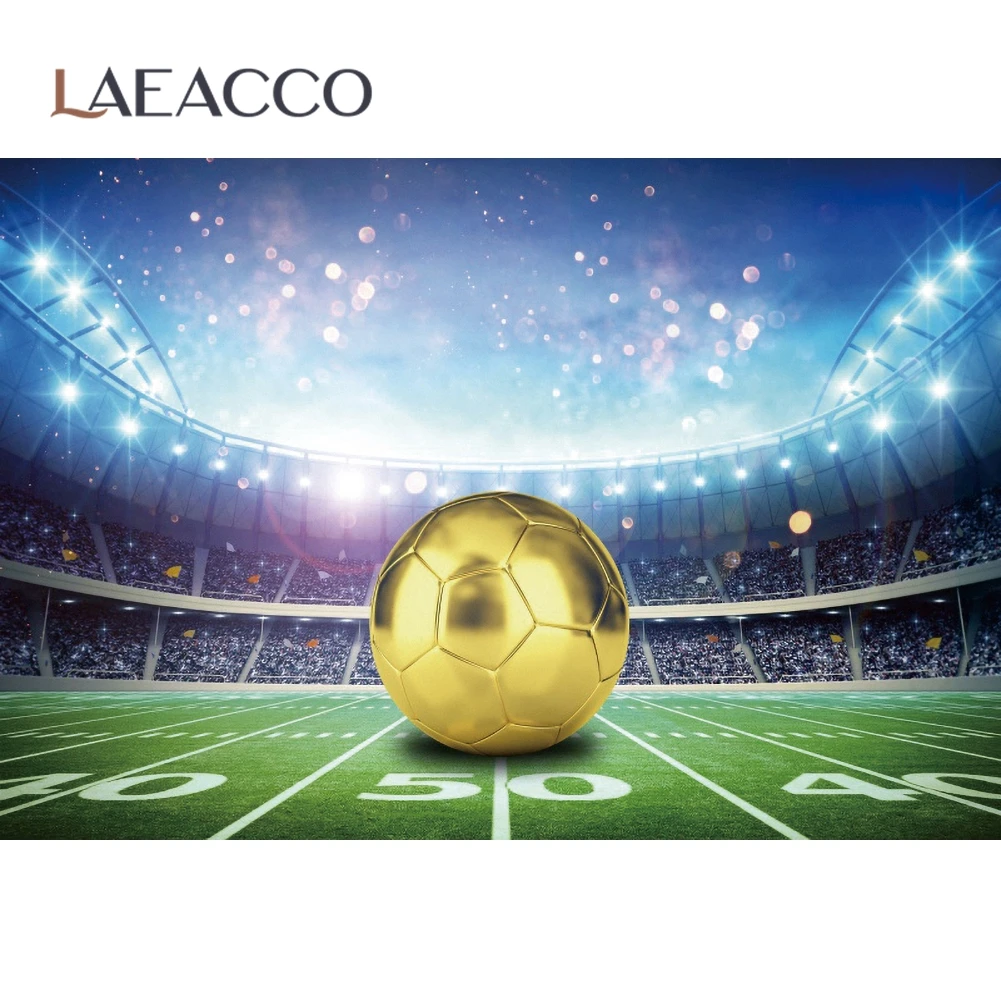 

Laeacco Золотой футбол зеленое поле прожектор сцены Дети День Рождения Вечеринка фотография фон для дня рождения вечеринки Виниловый фон