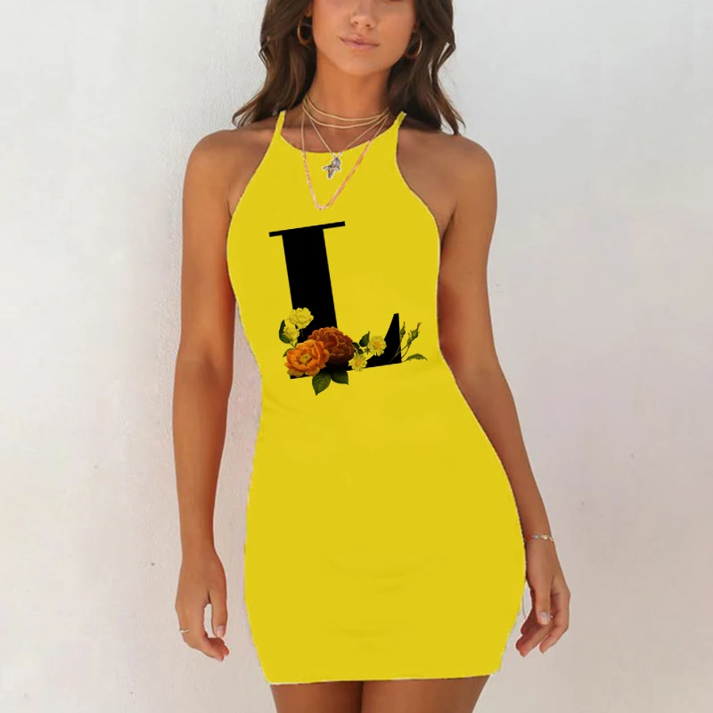 Sexy Nightwear Sleepwear Nightgown Night Shirts Summer Women 26 English Alphabet Print Pack Hip Nightie Yellow Night Dress women nightgowns women nightdresses sleeping dress