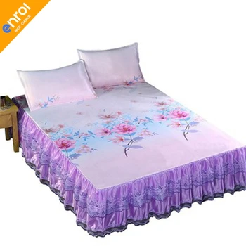 

Printing SILK Sheet Mattress Cover Bed Cover Graceful Bedspread Double Lace Bedding Set Home