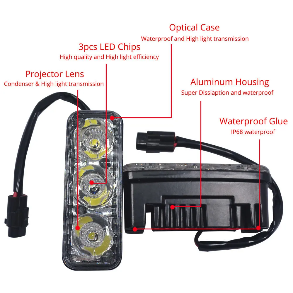 Hviero 2X Auto Led Durable Car Daytime Running Light 3LED DRL Daylight White DC 12V Head Driving Lamp Parking Fog Turn signal Lights