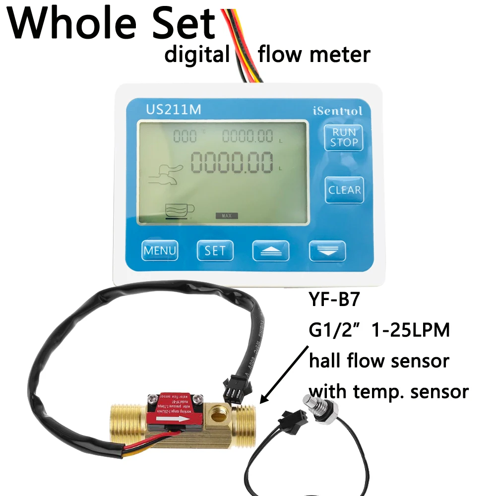 

US211M Water Flow Meter and YF-B7 1-25L/min Hall Water Flow Sensor Brass DC 24V Turbine Flowmeter with NTC50K Temperature