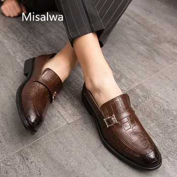 

Misalwa Pointed Toe Business Men Loafers Leather Party Club Wedding Oxfords Shoes Belt Monk Strap Driving Footwear 38-47