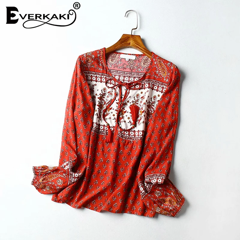 Everkaki, Boho, цветочный принт, блузка, топы для женщин, Ретро стиль, на шее, завязанные пуговицы, летние женские блузки, Топ для женщин,, осень, Новая мода
