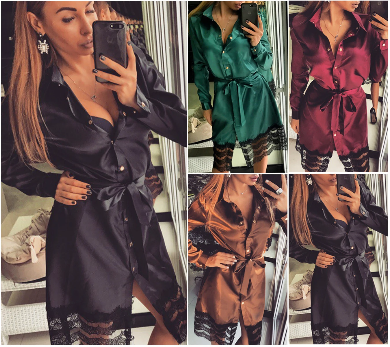 New Fashion Women Sleep Tops Autumn Winter Full Sleeve Length Solid Pattern Type Turn-down Collar Lace Decoration