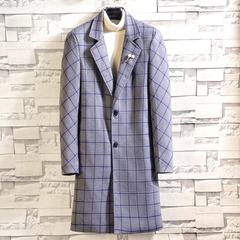 

2019 Autumn and Winter FashionMen's Long Slim Temperament Trench Coat New Men's Casual Thick Plaid Wool Blends Coat