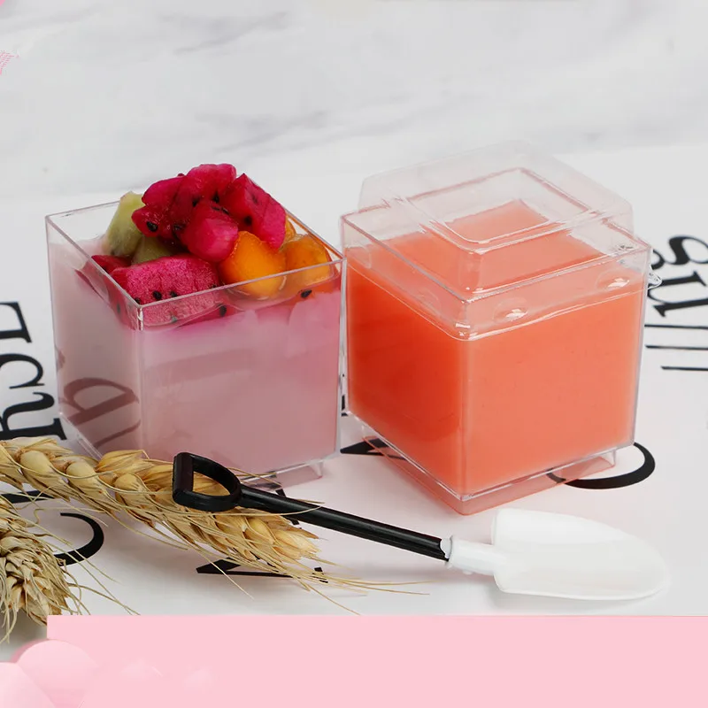 

50pcs 70ml small mini square transparent disposable cake cup party birthday wedding favor dessert cake plastic cup with lid