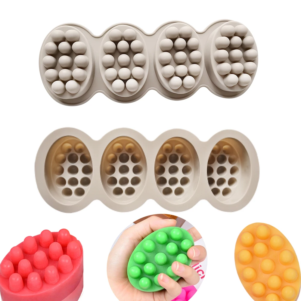 New 4 Cavity 3D Handmade Silicone Soap Molds Massage Therapy Bar Making Mould Tools DIY Oval