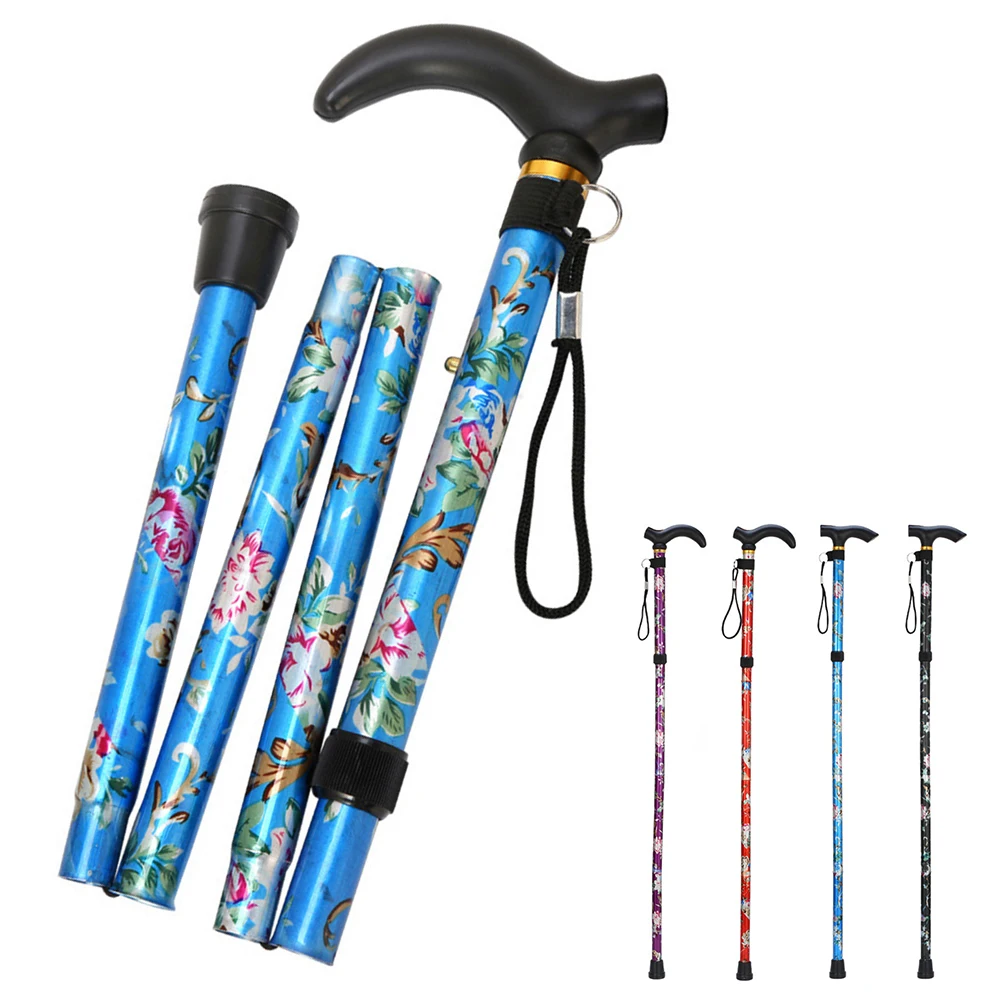 Folding Walking Stick Adjustable Crutches Non Slip Patterned Travel Five-section Printed Cane Sturdy