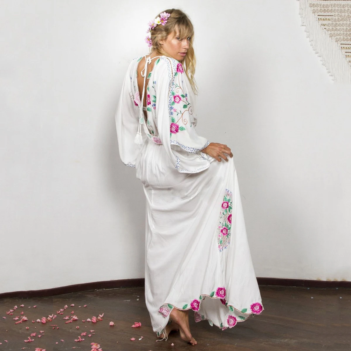 Boho шикарное вышитое платье с круглым вырезом и рукавами «летучая мышь», свободные женские платья, повседневное пляжное макси платье, летние платья Vestido