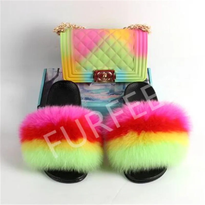

Women's Summer Furry Sandals Fashion Gradient Square Chain Bags Shoes Set Woman fur Slides Real Fox Fur Slippers Shoulder Bags