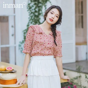 

INMAN Summer New Arrival Romantic Style Half Elastic Sleeve Lotus V Neck Collar Floral Cotton Blouse Tops