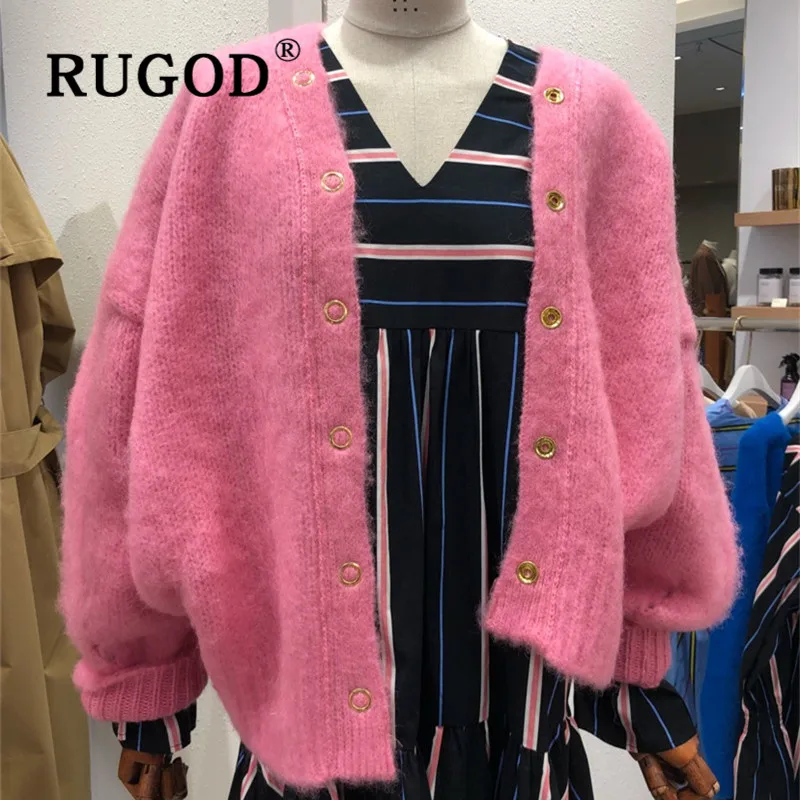 RUGOD, женский свитер, корейский стиль, v-образный вырез, однобортный, длинный рукав, милый, для девочки, пушистый свитер,, зимний джемпер
