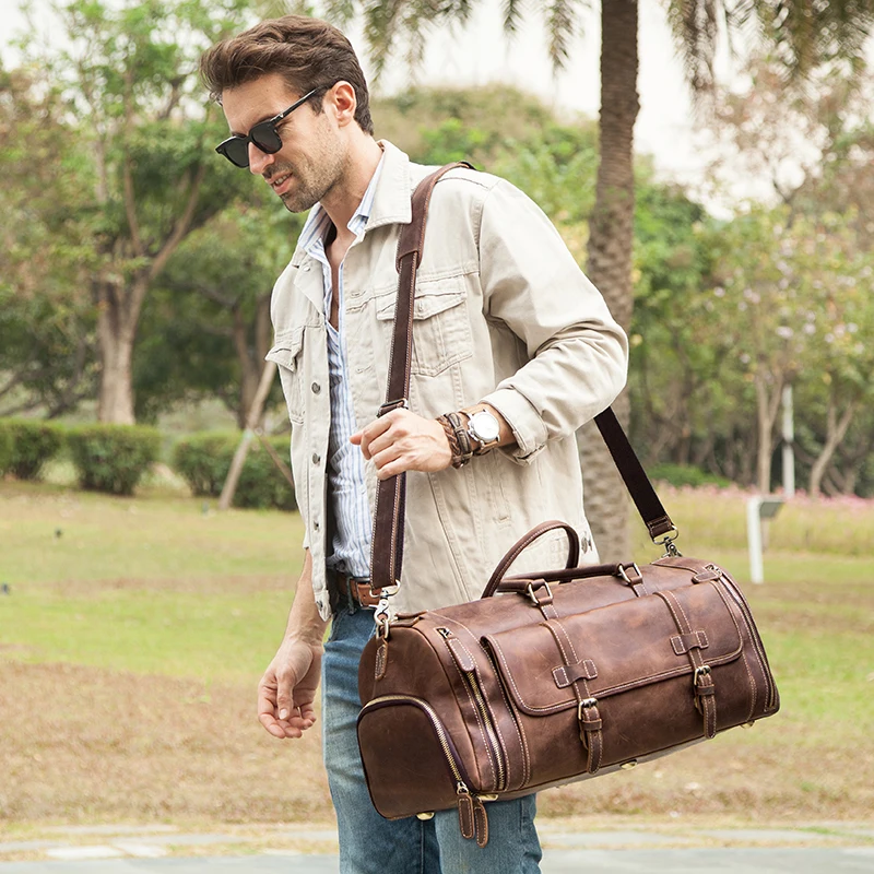 CONTACT'S Travel Men Handbags Crazy Horse Leather Duffle Luggage Bag Large Capacity Vintage Suitcase Tote Bag Male Shouder Bags 2