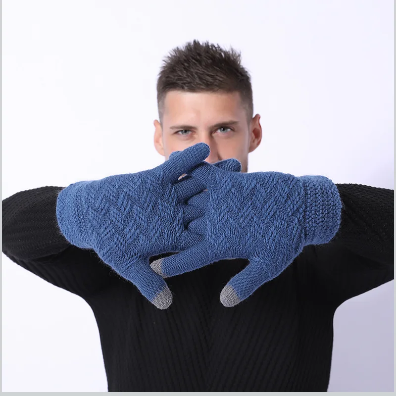 best mens gloves Fashion Men Full Finger Touch Screen Gloves Winter warm Acrylic Wool Plus Plush Thick Jacquard Knit Warm Half Finger Mittens C2 leather ski gloves