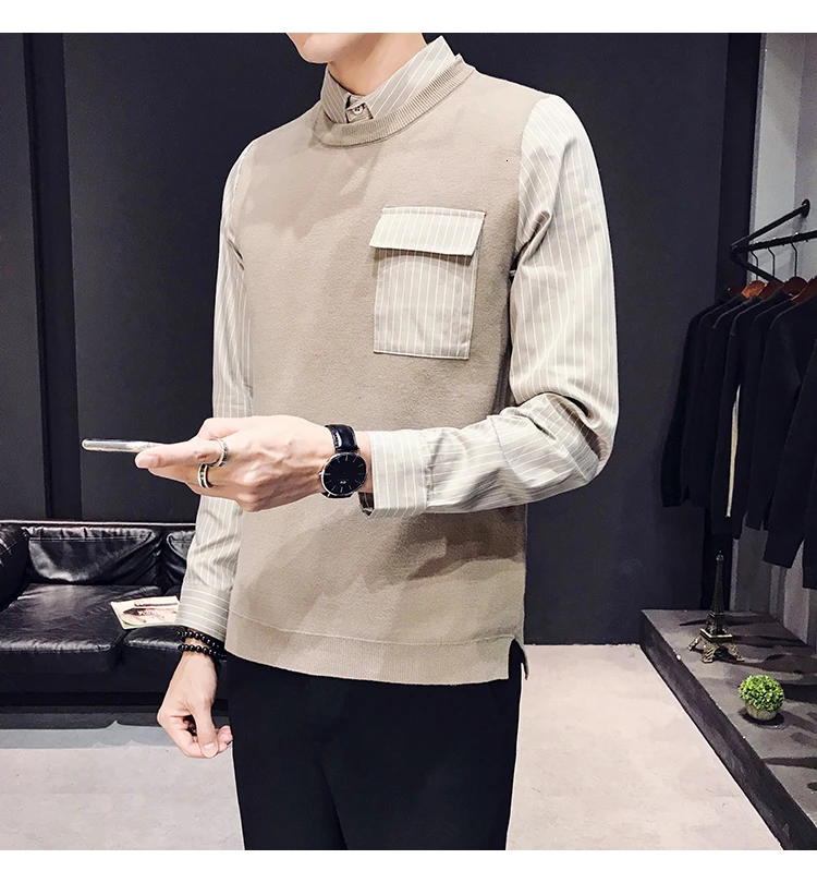 Британский стиль поддельные две части свитер пуловер свитер мужской Blusa Masculina модная одежда мужской круглый вырез длинный рукав вязание