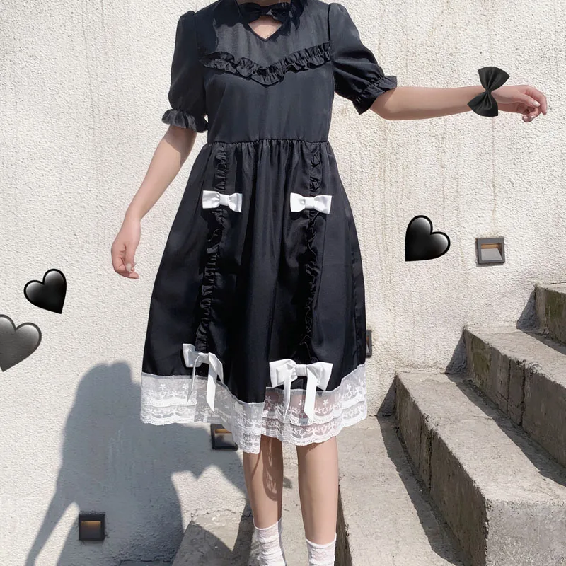 

Vintage Harajuku Dark Elegant Mori Girl Lolita Style Women Dress 2020 Summer Kawaii Puff Sleeve Lace Lady Dress Female Vestidos