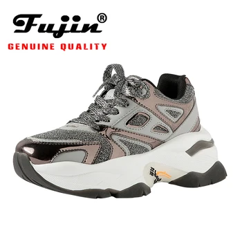 

fujin platform flats shoes women casual shoes genuine leather sneakers lace up breathable platform spring autumn shoes