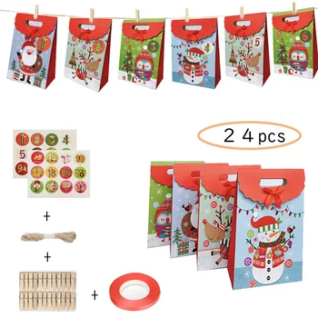 

24Pcs Advent Christmas Calendars Kraft Paper Candy Bag with Stickers Clips Rope
