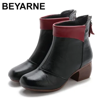 

BEYARNE Winter Women Ankle Boots Black Chelsea Boots Slip On Ladies Casual Mid Heel Shoes Comfortable Female Cow Leather Boots