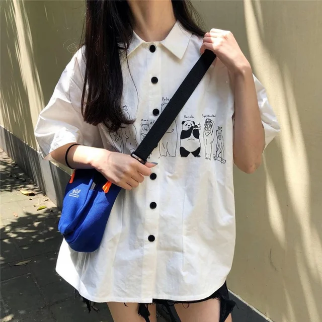 New Summer Cute Cartoon Printed Shirt Female Retro Tooling Shirt Student Harajuku Casual Women Blouse Tops Mujer 2